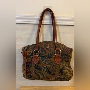 Vintage-Style Tapestry Handbag Floral Carpet Pattern Leather Trim & Handles